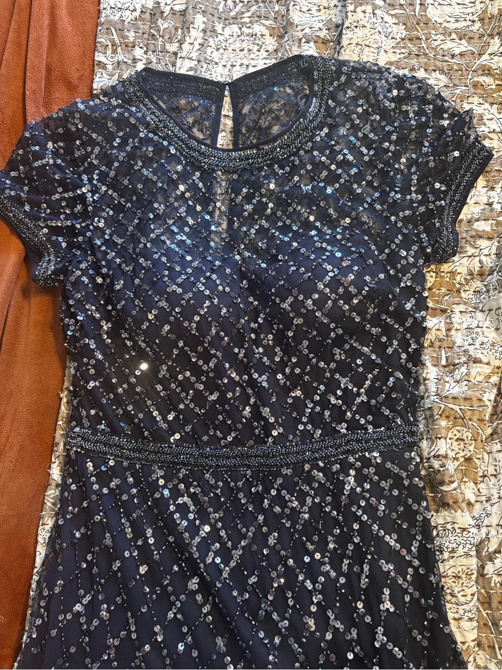 Midnight Blue Sequin Short Sleeve Evening Dress